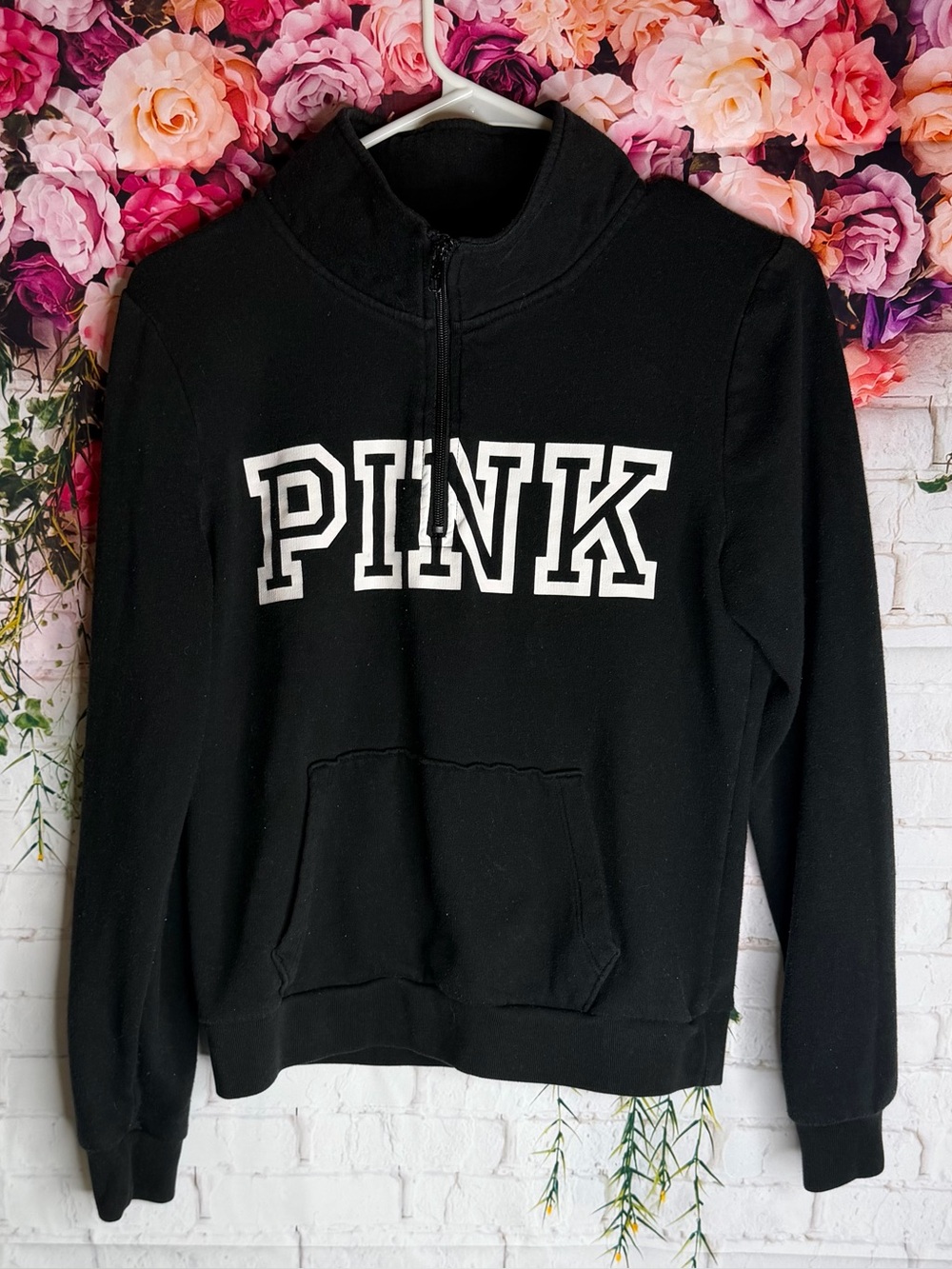 PINK Victoria's Secret Black Half-Zip Sweatshirt with White Logo